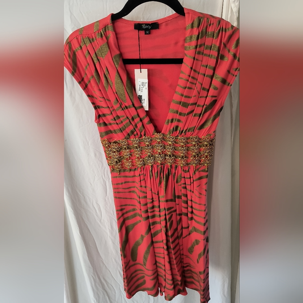 Sky Animal Print Dress with gold embellishments